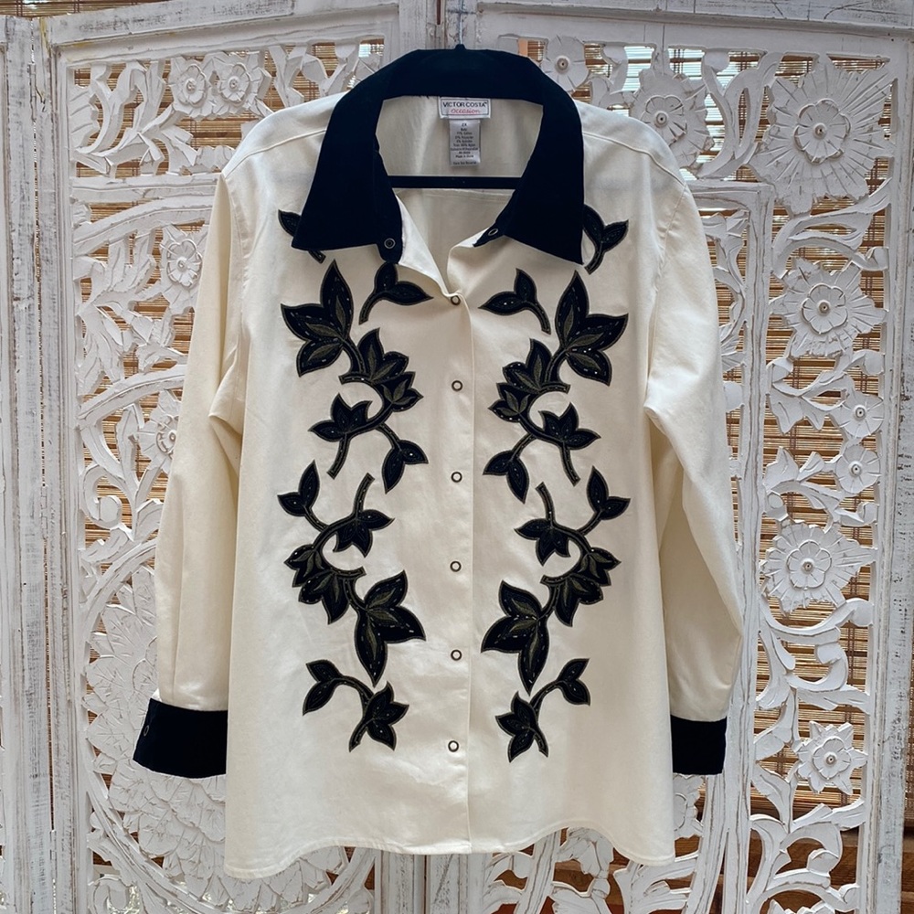 Victor Costa Vintage Black & White Floral Velvet Appliqué Jacket – 2XL